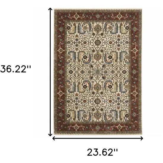 Ivory Red Green Grey Blue And Navy Oriental Power Loom Stain Resistant Area Rug With Fringe Photo 3