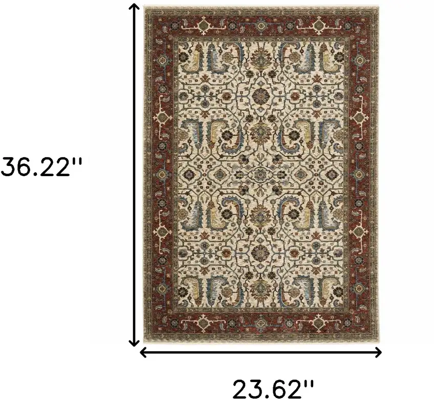 Ivory Red Green Grey Blue And Navy Oriental Power Loom Stain Resistant Area Rug With Fringe Photo 3
