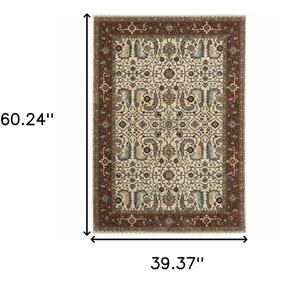 Ivory Red Green Grey Blue And Navy Oriental Power Loom Stain Resistant Area Rug With Fringe Photo 3