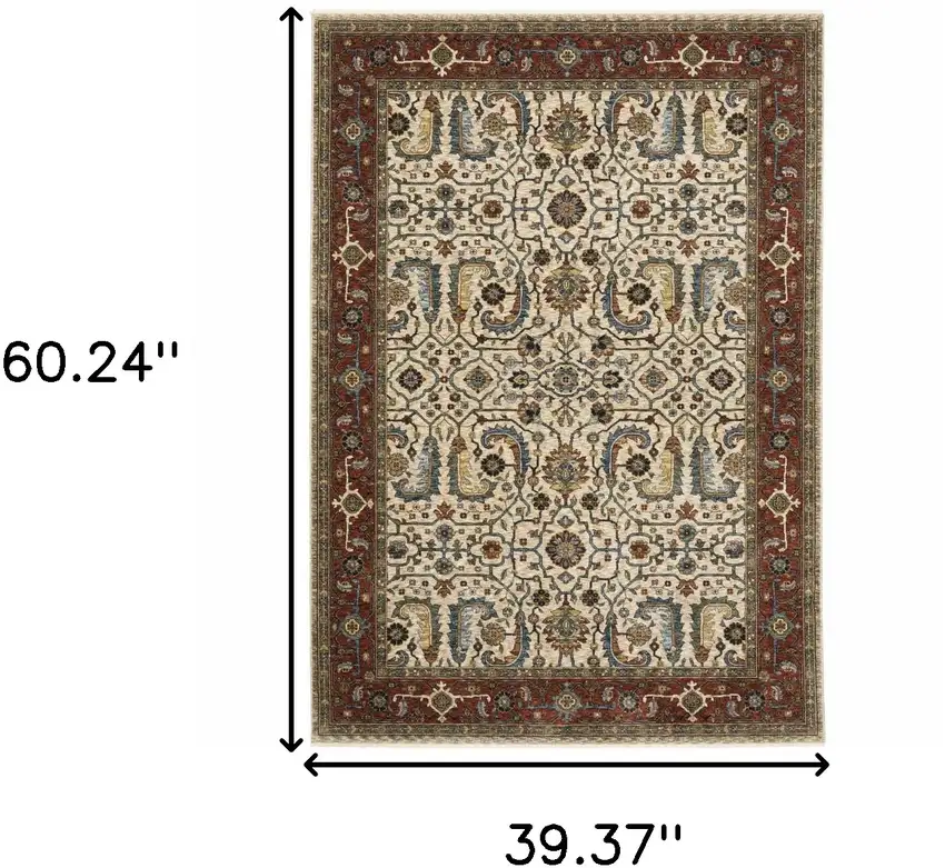 Ivory Red Green Grey Blue And Navy Oriental Power Loom Stain Resistant Area Rug With Fringe Photo 3