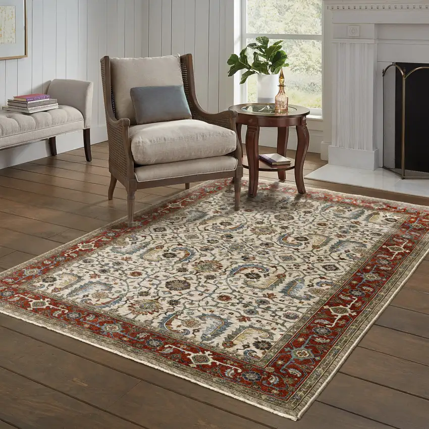 Ivory Red Green Grey Blue And Navy Oriental Power Loom Stain Resistant Area Rug With Fringe Photo 8
