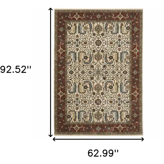 Ivory Red Green Grey Blue And Navy Oriental Power Loom Stain Resistant Area Rug With Fringe Photo 3