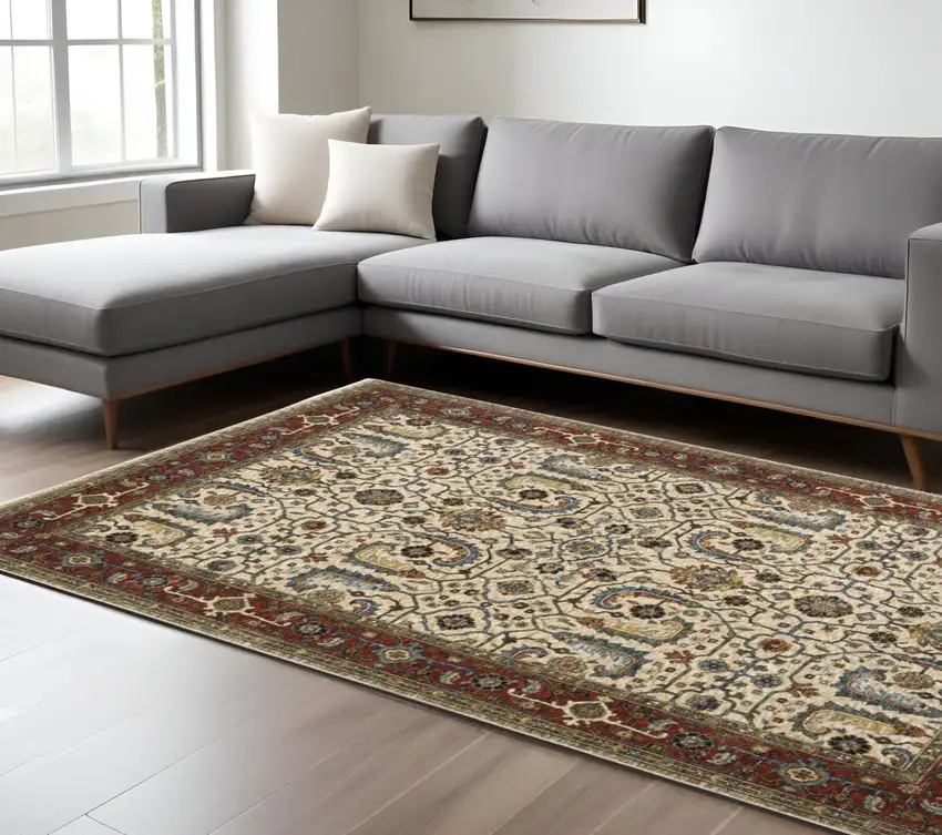 Red and Ivory Oriental Power Loom Area Rug With Fringe Photo 1