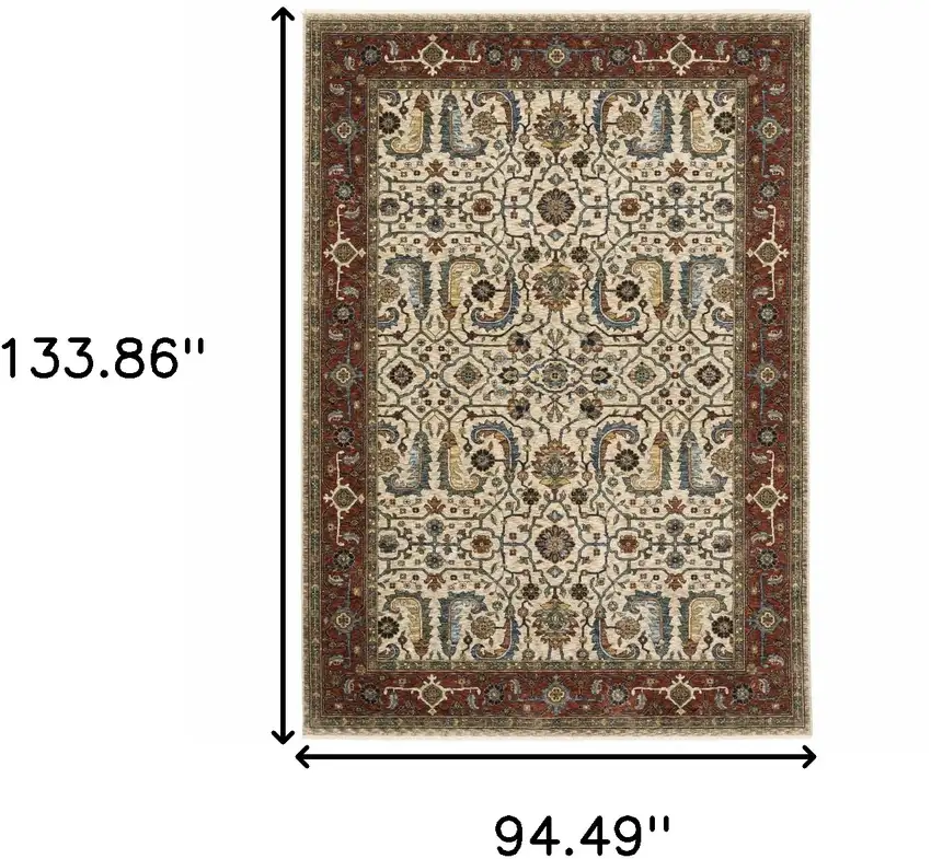 Red and Ivory Oriental Power Loom Area Rug With Fringe Photo 3