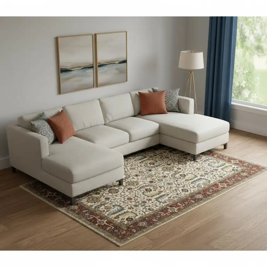 Ivory Red Green Grey Blue And Navy Oriental Power Loom Stain Resistant Area Rug With Fringe Photo 1