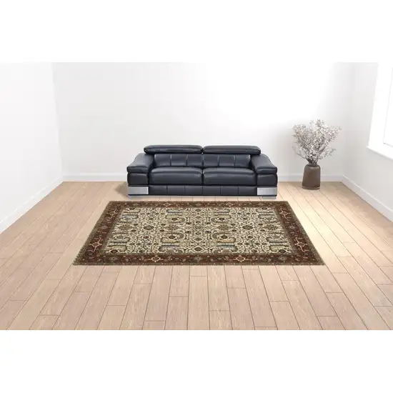 Ivory Red Green Grey Blue And Navy Oriental Power Loom Stain Resistant Area Rug With Fringe Photo 5