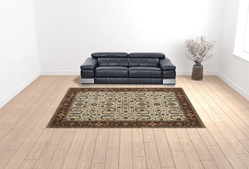 Ivory Red Green Grey Blue And Navy Oriental Power Loom Stain Resistant Area Rug With Fringe Photo 5