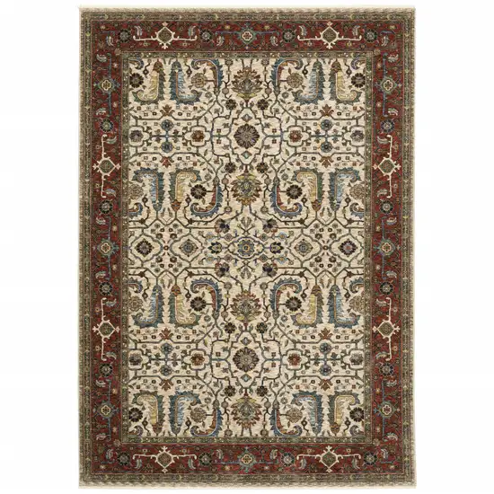 Ivory Red Green Grey Blue And Navy Oriental Power Loom Stain Resistant Area Rug With Fringe Photo 2