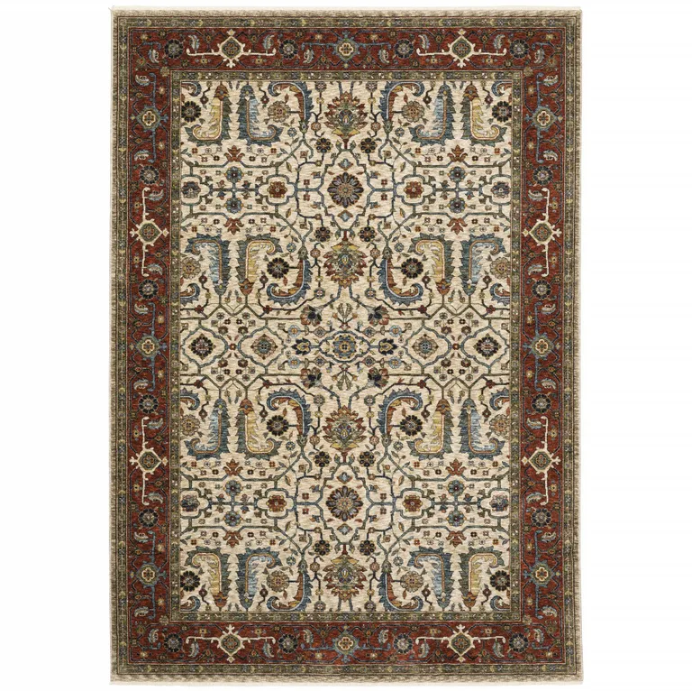 Ivory Red Green Grey Blue And Navy Oriental Power Loom Stain Resistant Area Rug With Fringe Photo 4