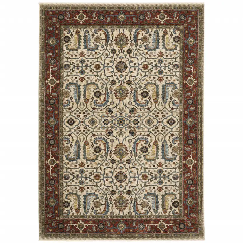 Ivory Red Green Grey Blue And Navy Oriental Power Loom Stain Resistant Area Rug With Fringe Photo 2