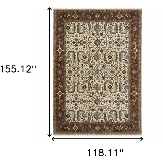 Ivory Red Green Grey Blue And Navy Oriental Power Loom Stain Resistant Area Rug With Fringe Photo 3