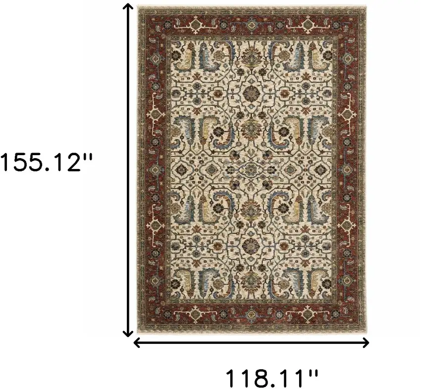 Ivory Red Green Grey Blue And Navy Oriental Power Loom Stain Resistant Area Rug With Fringe Photo 3