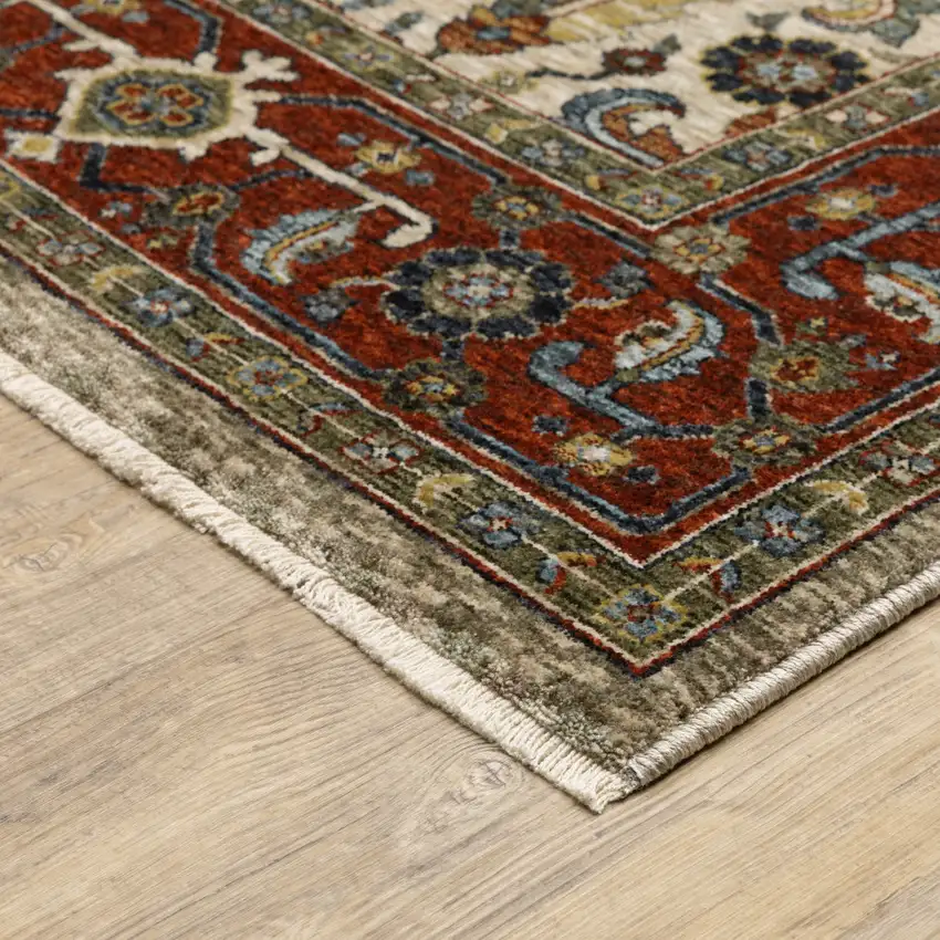 Ivory Red Green Grey Blue And Navy Oriental Power Loom Stain Resistant Area Rug With Fringe Photo 8