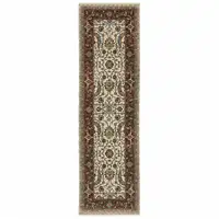 Photo of Ivory Red Green Grey Blue And Navy Oriental Power Loom Stain Resistant Runner Rug With Fringe