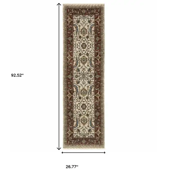 2' X 8' Ivory Red Green Grey Blue And Navy Oriental Power Loom Stain Resistant Runner Rug With Fringe Photo 3