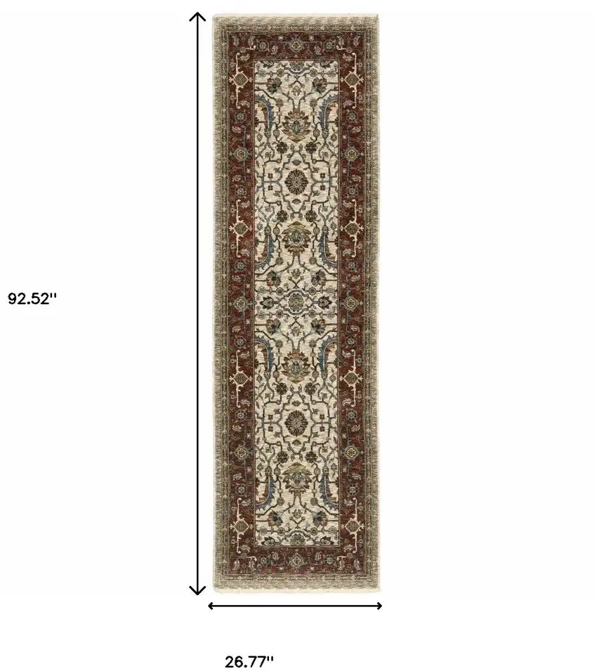 2' X 8' Ivory Red Green Grey Blue And Navy Oriental Power Loom Stain Resistant Runner Rug With Fringe Photo 3