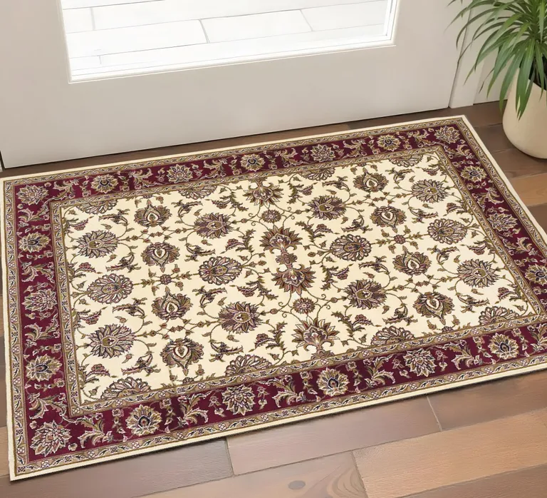 Ivory Red Machine Woven Floral Traditional Indoor Area Rug Photo 5