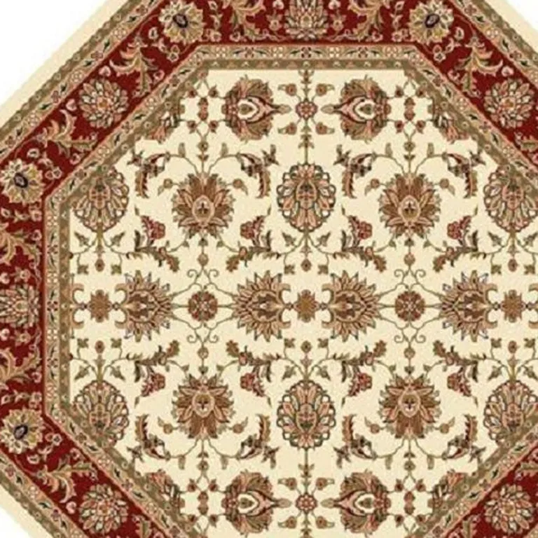 Ivory Red Machine Woven Traditional Octagon Indoor Area Rug Photo 5