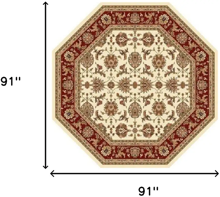 8' Ivory And Red Octagon Floral Vines Area Rug Photo 3