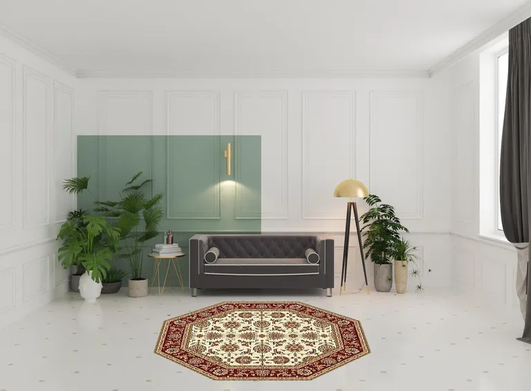 Ivory Red Machine Woven Traditional Octagon Indoor Area Rug Photo 4