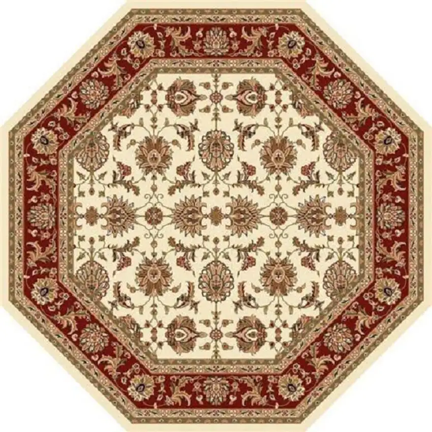 Ivory Red Machine Woven Traditional Octagon Indoor Area Rug Photo 1
