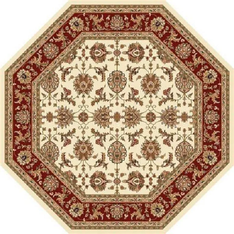 Ivory Red Machine Woven Traditional Octagon Indoor Area Rug Photo 1