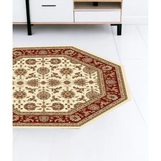 8' Ivory And Red Octagon Floral Vines Area Rug Photo 2