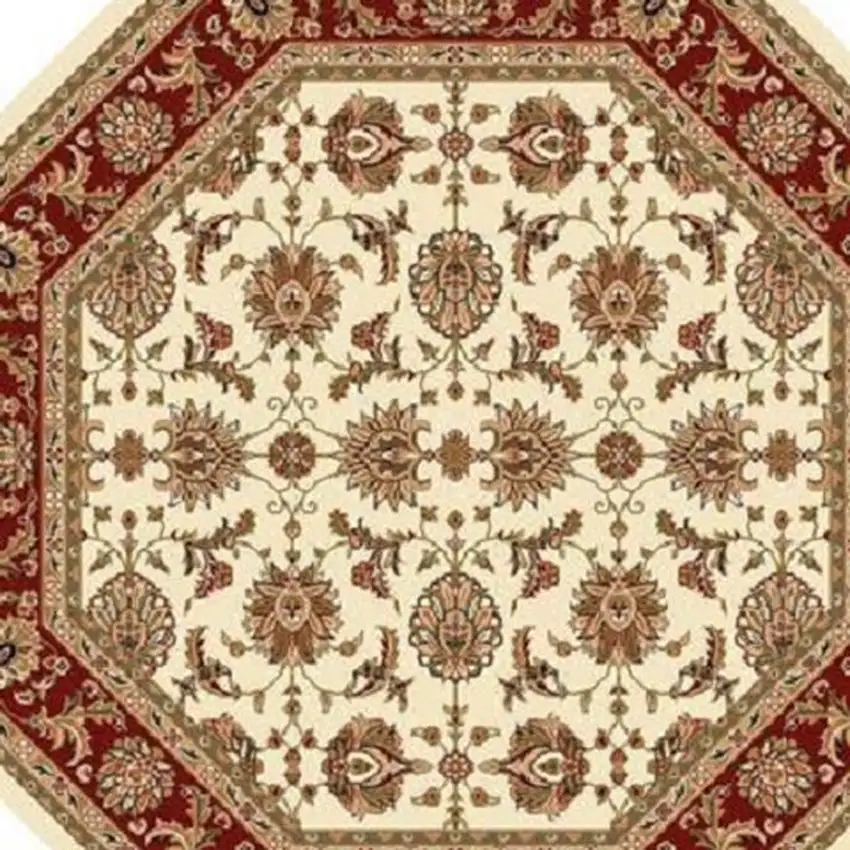 8' Ivory And Red Octagon Floral Vines Area Rug Photo 6