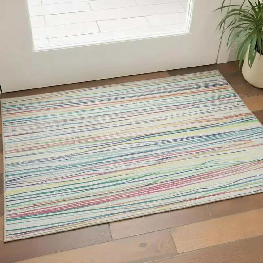Ivory Red Yellow And Green Striped Washable Area Rug With UV Protection Photo 2