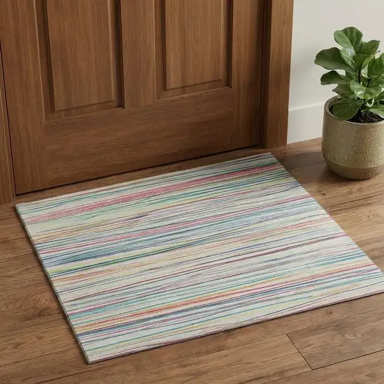 Ivory Red Yellow And Green Striped Washable Area Rug With UV Protection Photo 1