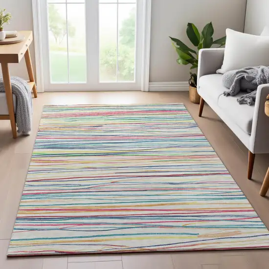 Ivory Red Yellow And Green Striped Washable Area Rug With UV Protection Photo 5