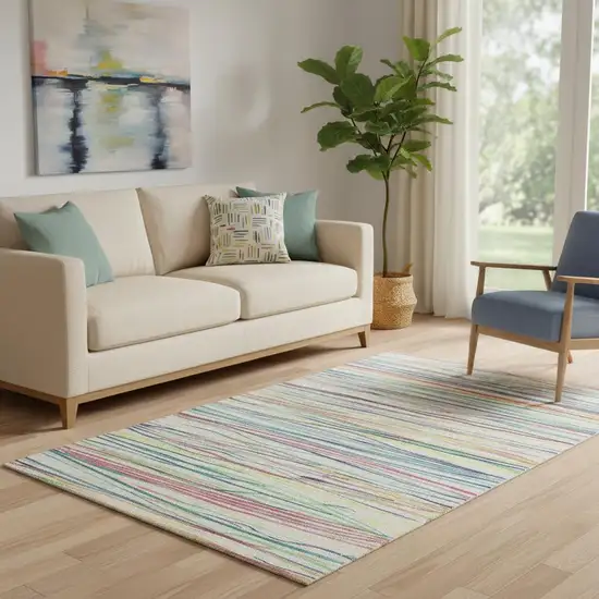Ivory Red Yellow And Green Striped Washable Area Rug With UV Protection Photo 2