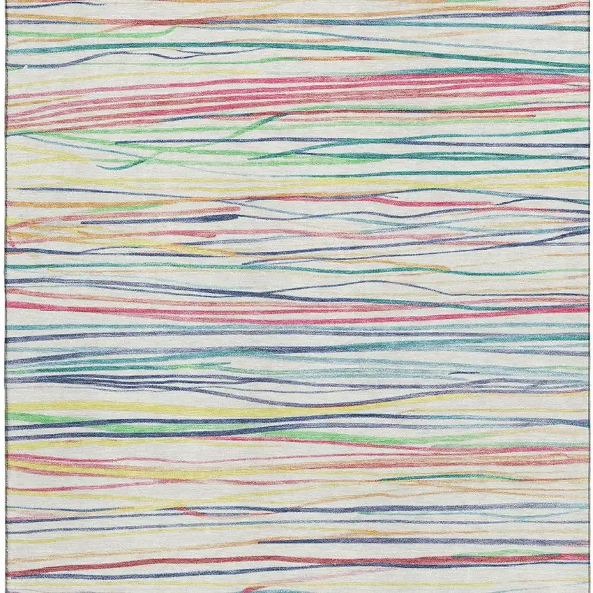 Ivory Red Yellow And Green Striped Washable Area Rug With UV Protection Photo 3