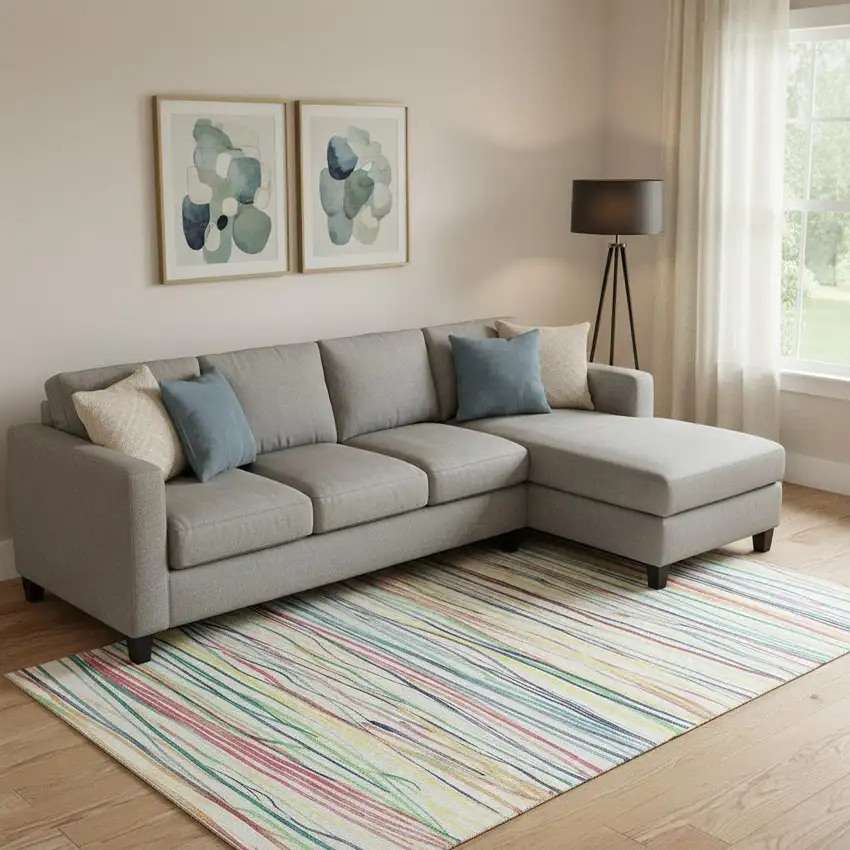 Ivory Red Yellow And Green Striped Washable Area Rug With UV Protection Photo 2