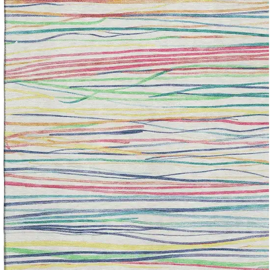 Ivory Red Yellow And Green Striped Washable Area Rug With UV Protection Photo 2