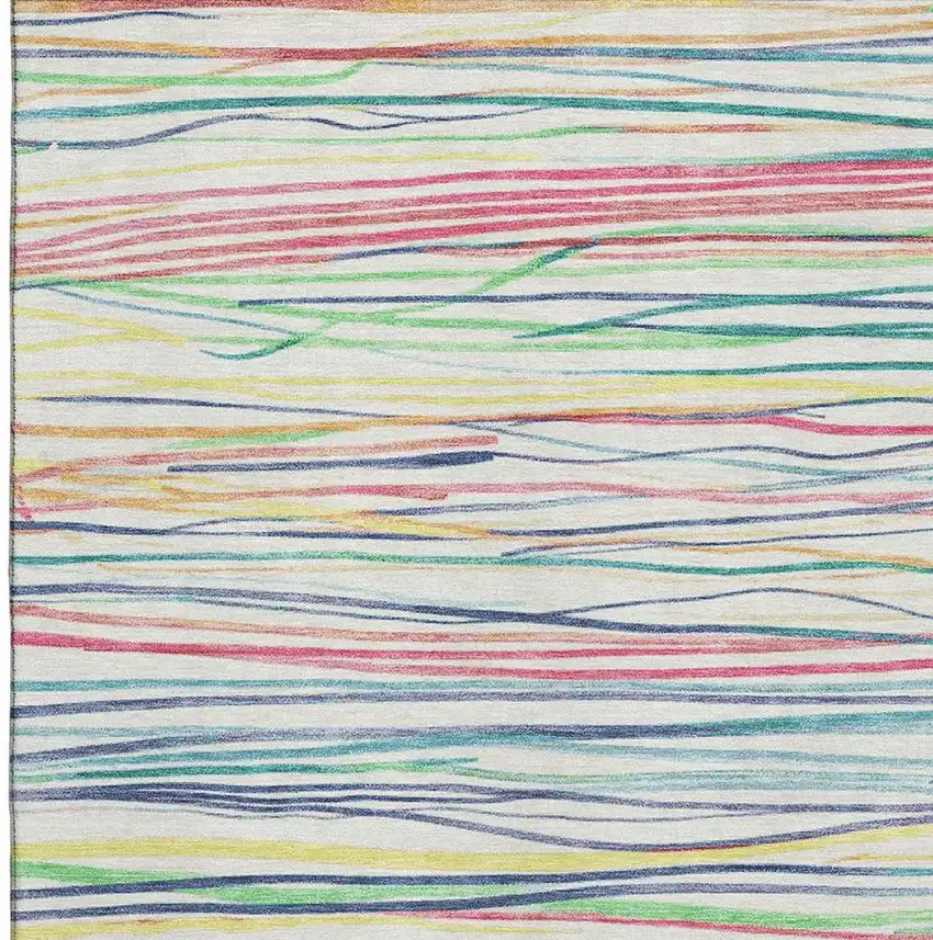 Ivory Red Yellow And Green Striped Washable Area Rug With UV Protection Photo 2