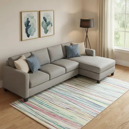 Ivory Red Yellow And Green Striped Washable Area Rug With UV Protection Photo 2