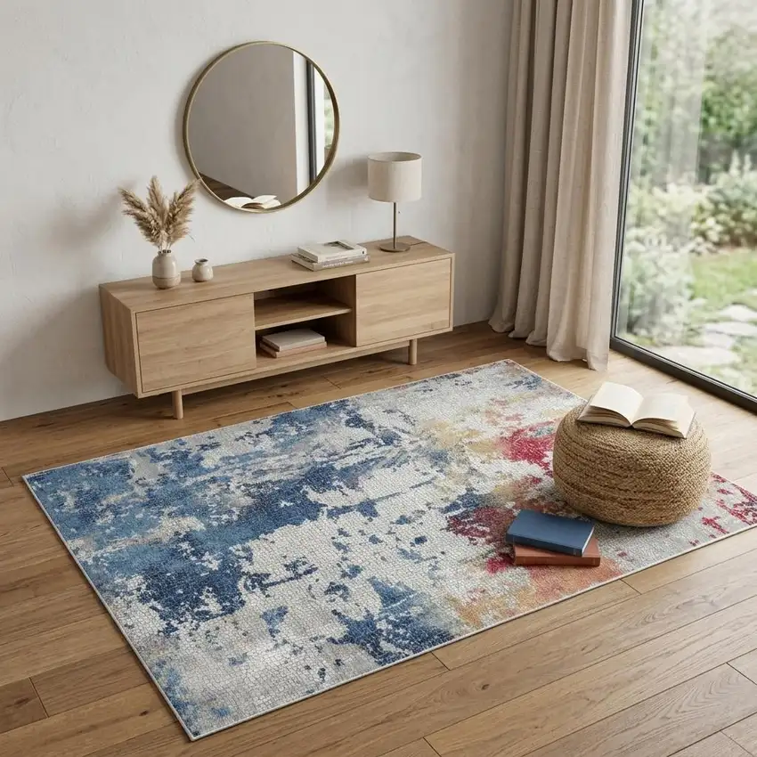 Ivory Red and Blue Abstract Distressed Non Skid Area Rug Photo 1
