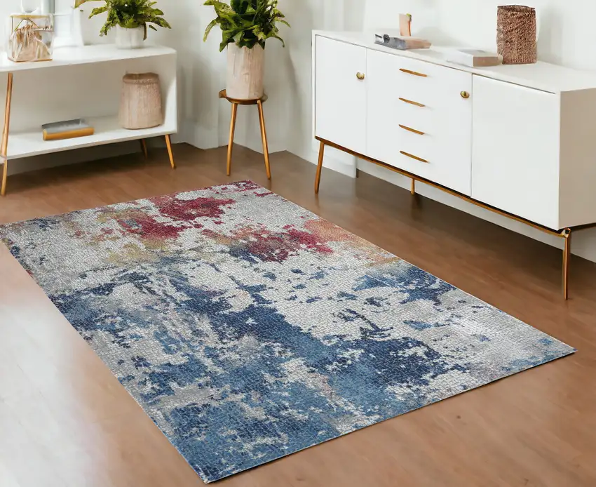 Ivory Red and Blue Abstract Distressed Non Skid Area Rug Photo 1