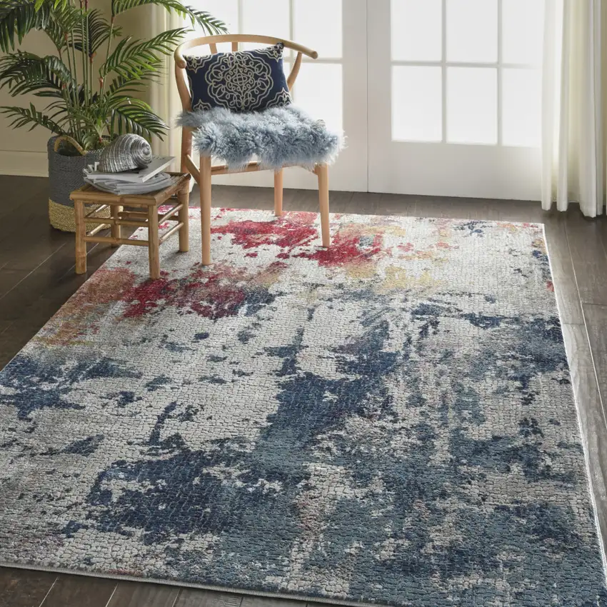 Ivory Red and Blue Abstract Distressed Non Skid Area Rug Photo 6