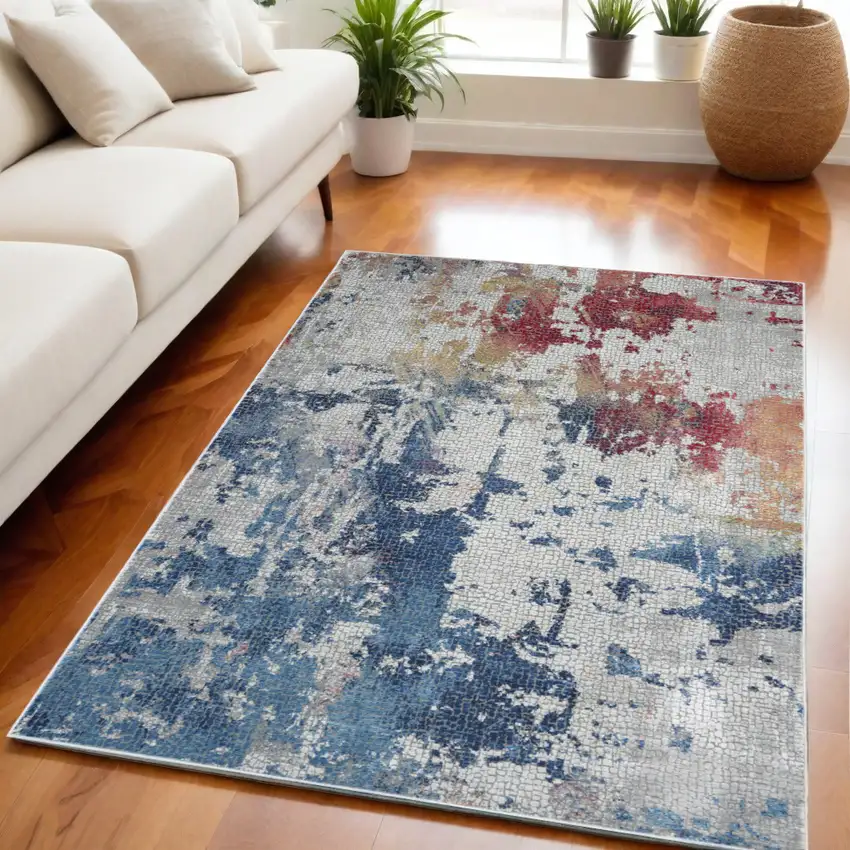 Ivory Red and Blue Abstract Distressed Non Skid Area Rug Photo 3