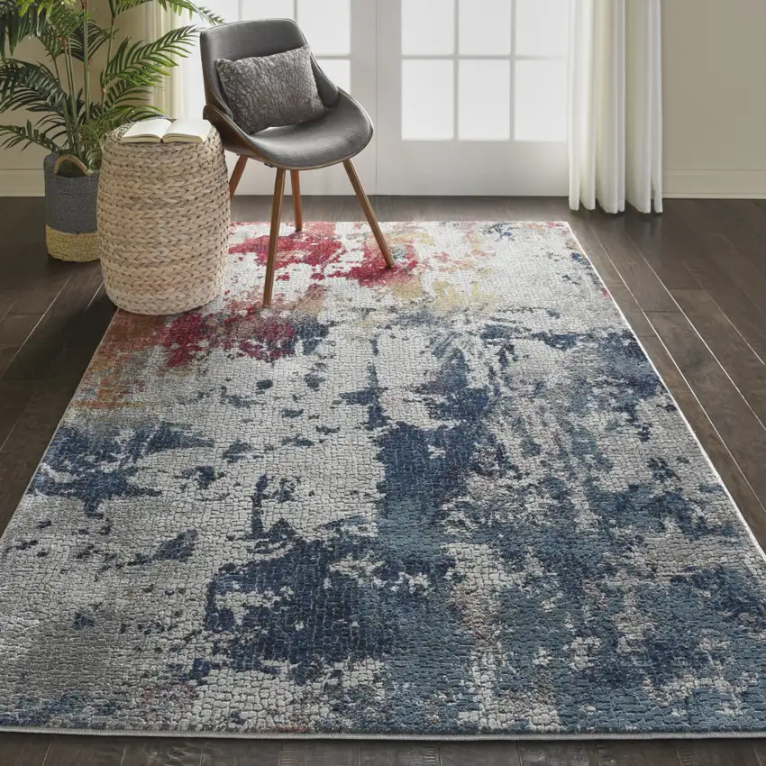 Ivory Red and Blue Abstract Distressed Non Skid Area Rug Photo 4