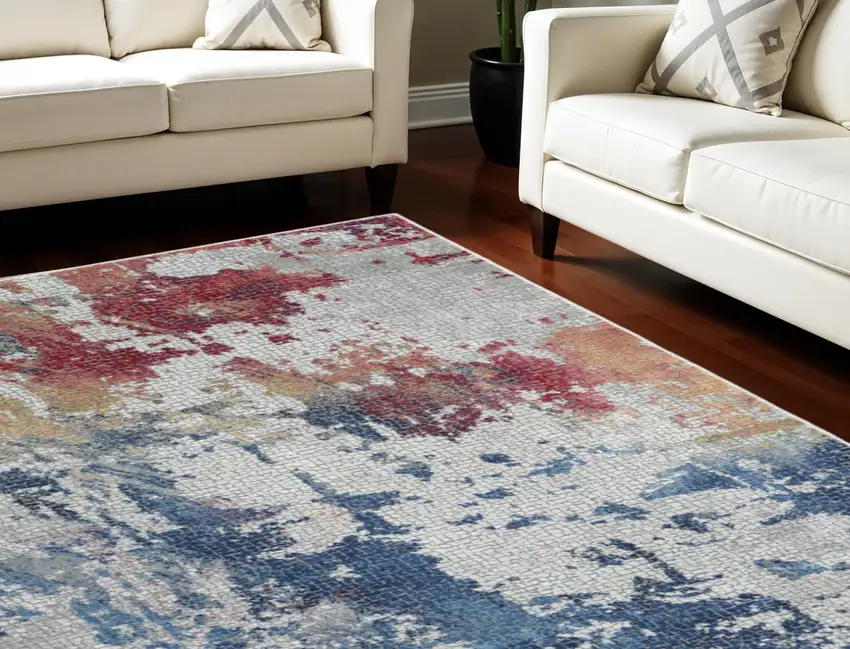 Ivory Red and Blue Abstract Distressed Non Skid Area Rug Photo 1
