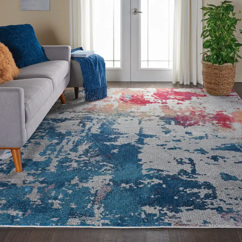 Ivory Red and Blue Abstract Distressed Non Skid Area Rug Photo 3