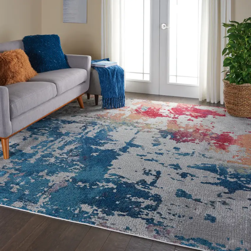Ivory Red and Blue Abstract Distressed Non Skid Area Rug Photo 5