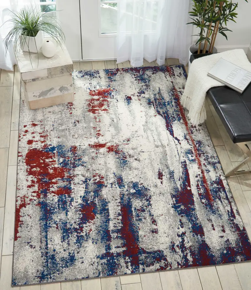 Ivory Red and Blue Abstract Non Skid Area Rug Photo 8