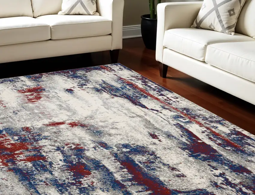 Ivory Red and Blue Abstract Non Skid Area Rug Photo 1