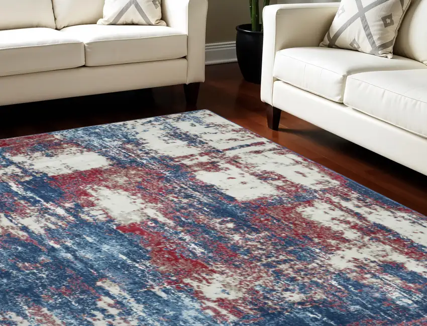 Ivory Red and Blue Abstract Non Skid Area Rug Photo 1