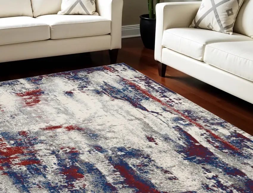 Ivory Red and Blue Abstract Non Skid Area Rug Photo 1
