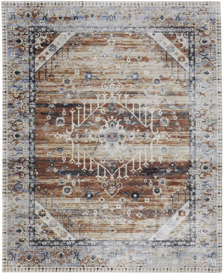 Ivory Red and Blue Abstract Power Loom Worn Faded Area Rug Photo 4